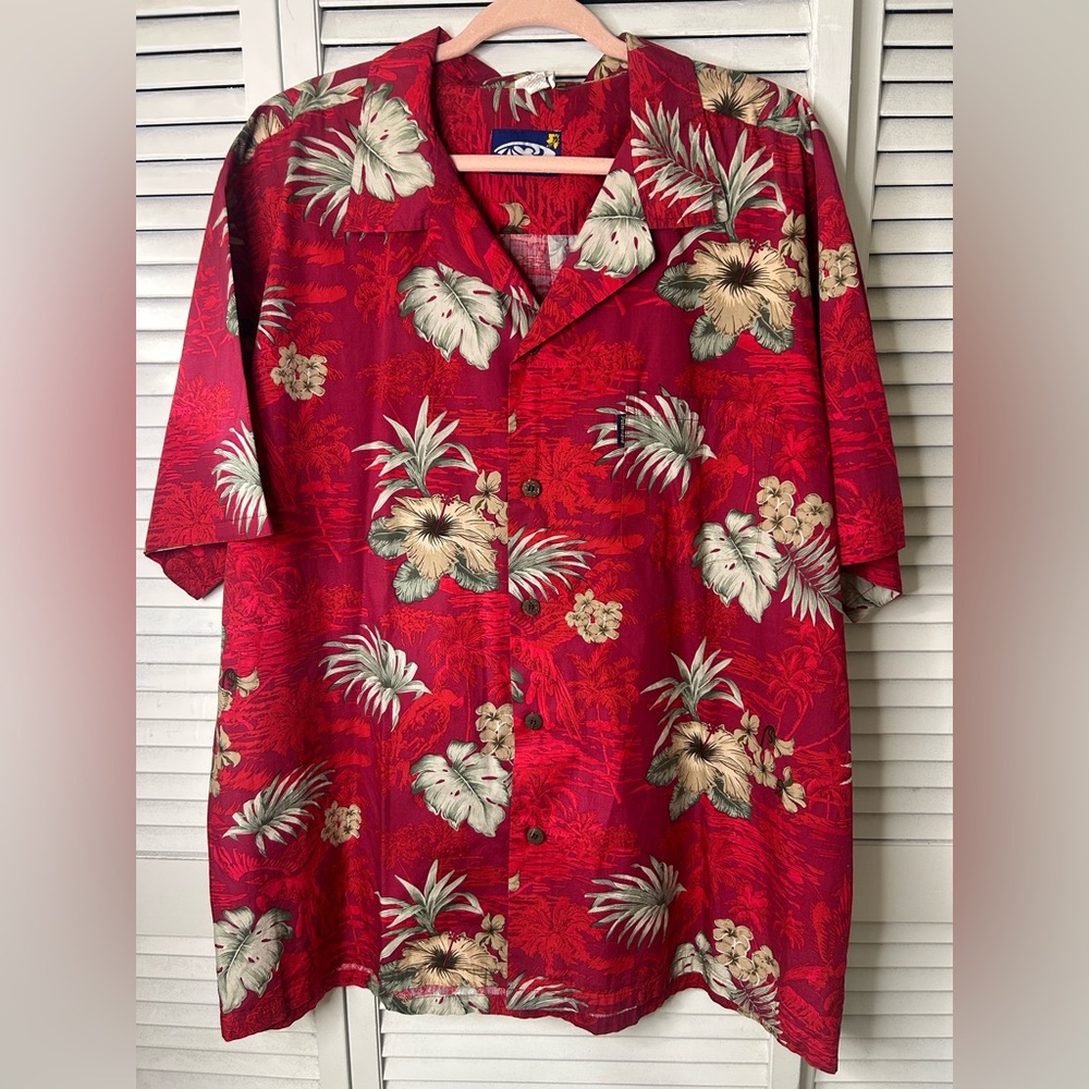 Palm Wave‎ Men's Red Hawaiian Camp Shirt with Tropical Floral Print Size 2XL